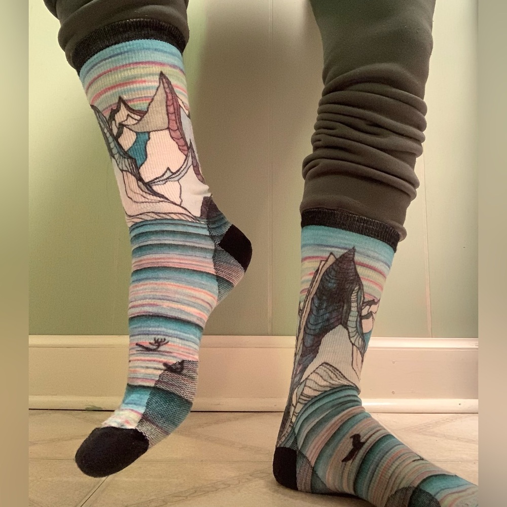 Fine Art Socks, Fjord Boats Whale Tail Glacier Mountain Striped Sunset Stockings